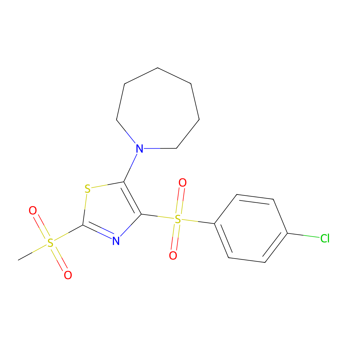 5-(Azepan-1-yl)-4-((4-chlorophenyl)sulfonyl)-2-(methylsulfonyl)thiazole molecular structure, CAS 863448-72-0