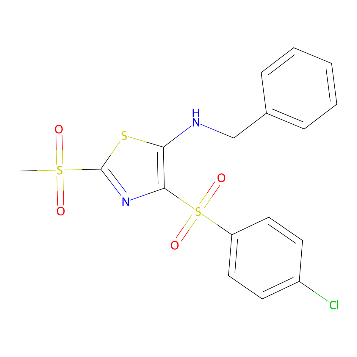 N-benzyl-4-(4-chlorobenzenesulfonyl)-2-methanesulfonyl-1,3-thiazol-5-amine molecular structure, CAS 863449-08-5