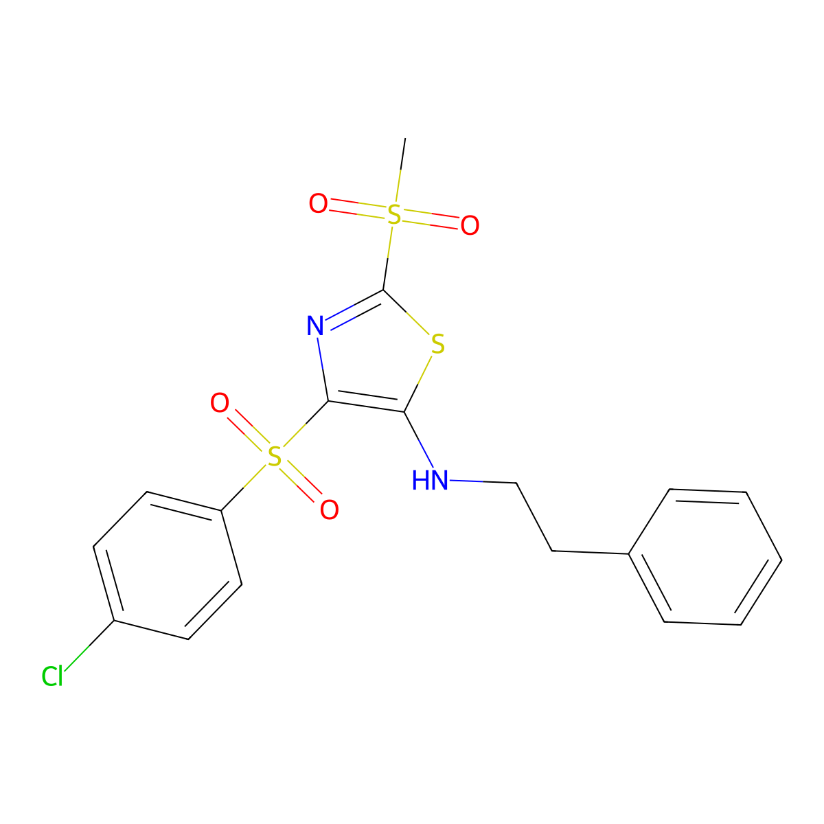 4-((4-chlorophenyl)sulfonyl)-2-(methylsulfonyl)-N-phenethylthiazol-5-amine molecular structure, CAS 863449-20-1
