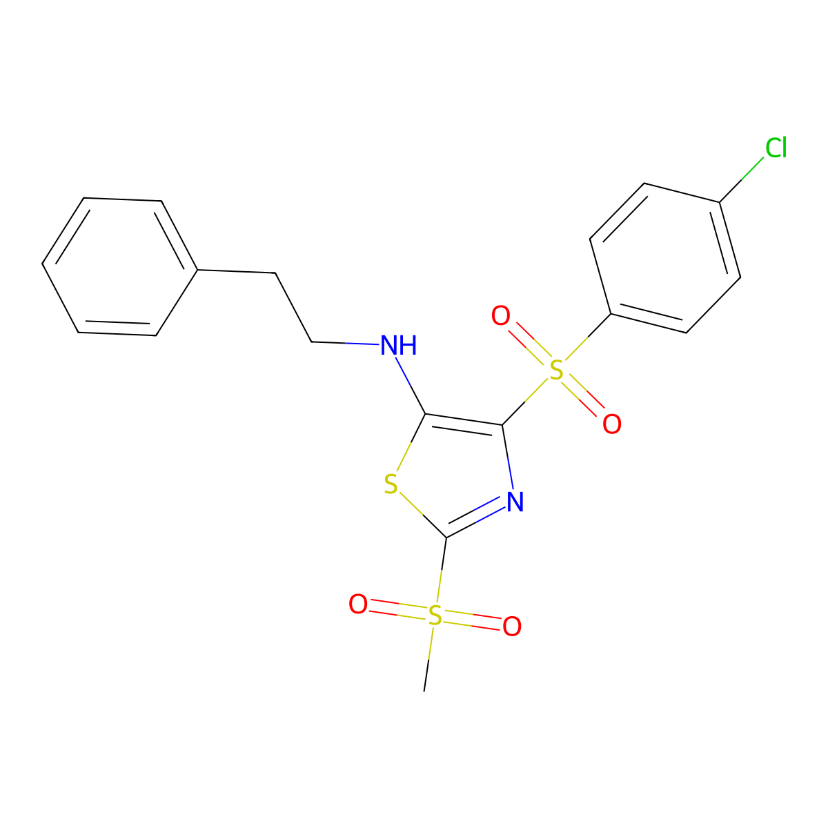 4-((4-chlorophenyl)sulfonyl)-2-(methylsulfonyl)-N-phenethylthiazol-5-amine molecular structure, CAS 863449-20-1