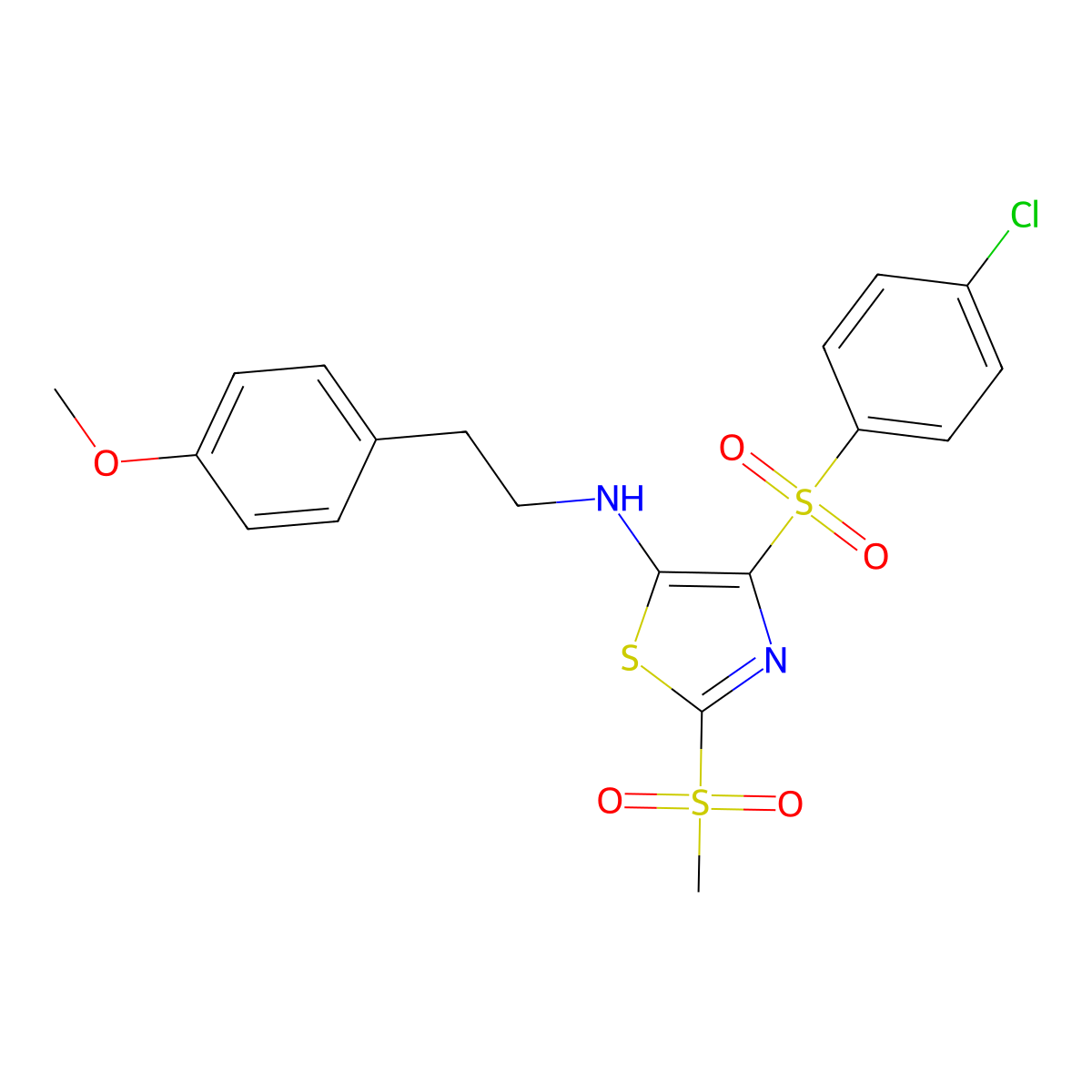 4-(4-chlorobenzenesulfonyl)-2-methanesulfonyl-N-[2-(4-methoxyphenyl)ethyl]-1,3-thiazol-5-amine molecular structure, CAS 863449-22-3
