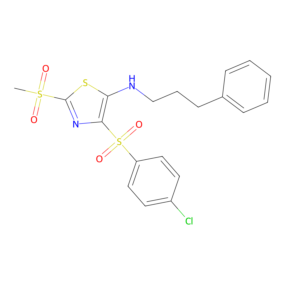 4-((4-chlorophenyl)sulfonyl)-2-(methylsulfonyl)-N-(3-phenylpropyl)thiazol-5-amine molecular structure, CAS 863449-23-4