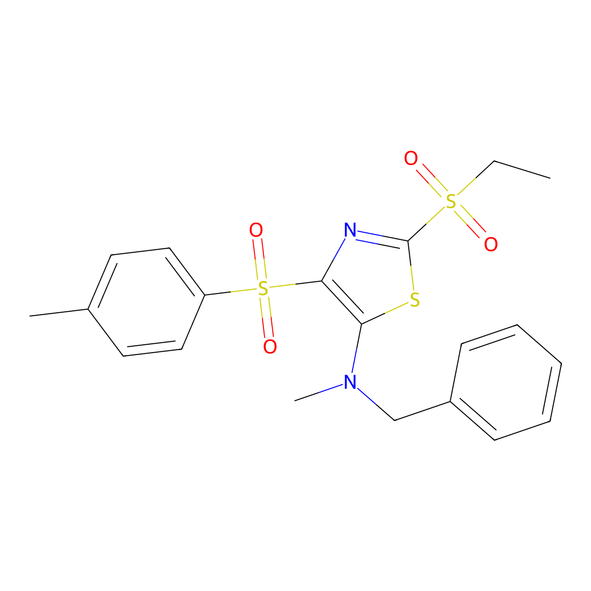 N-benzyl-2-(ethylsulfonyl)-N-methyl-4-[(4-methylphenyl)sulfonyl]-1,3-thiazol-5-amine molecular structure, CAS 863449-28-9