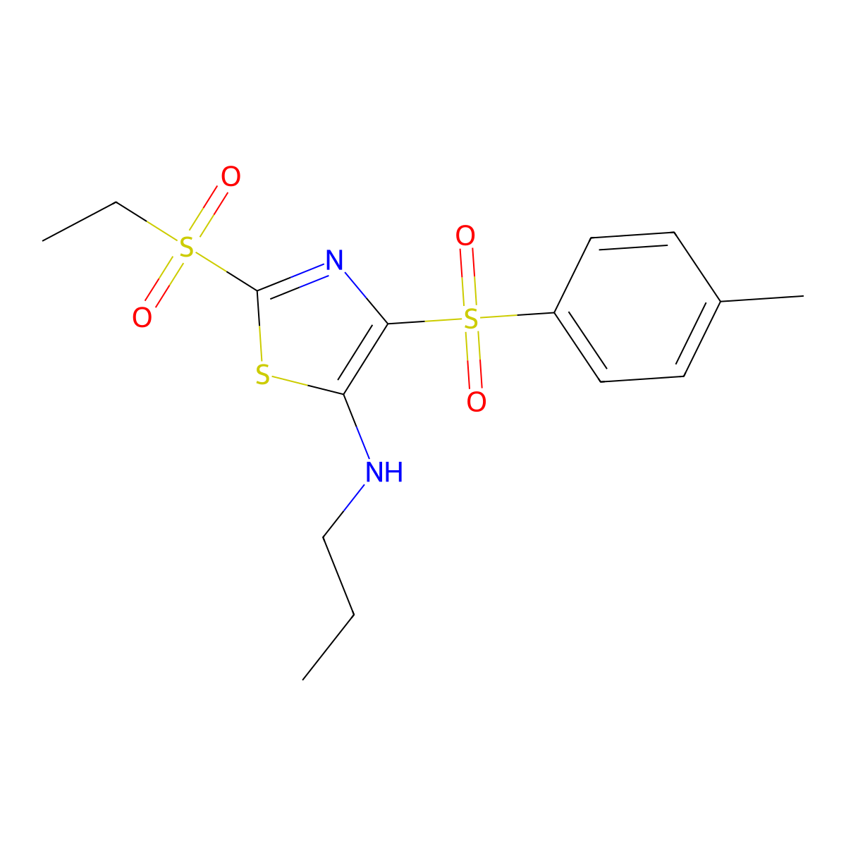 2-(ethylsulfonyl)-4-[(4-methylphenyl)sulfonyl]-N-propyl-1,3-thiazol-5-amine molecular structure, CAS 863449-46-1