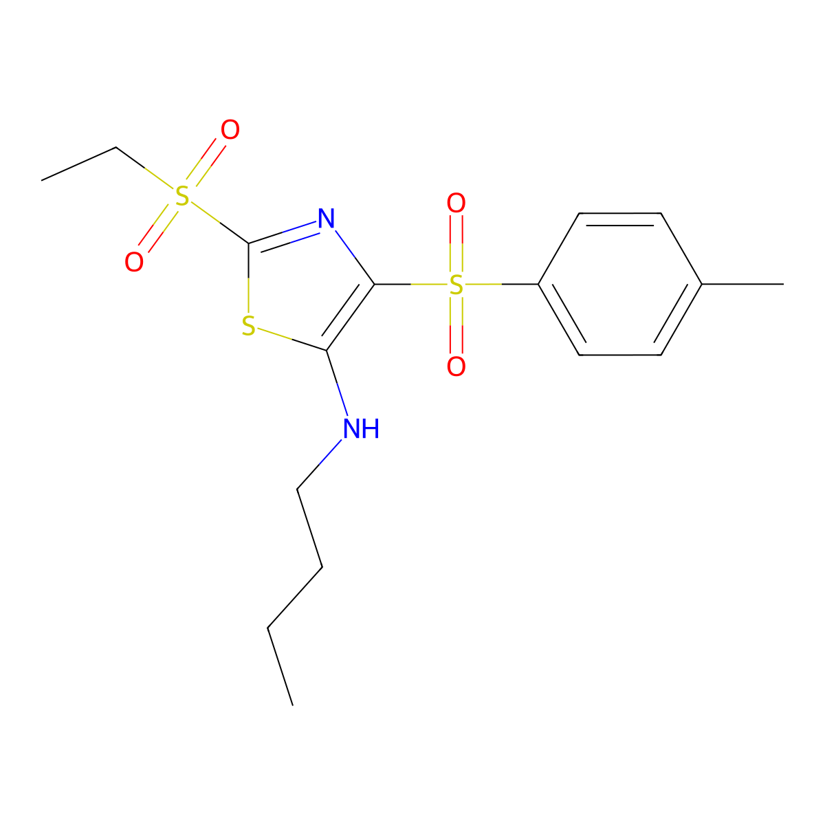 N-butyl-2-(ethylsulfonyl)-4-[(4-methylphenyl)sulfonyl]-1,3-thiazol-5-amine molecular structure, CAS 863449-47-2