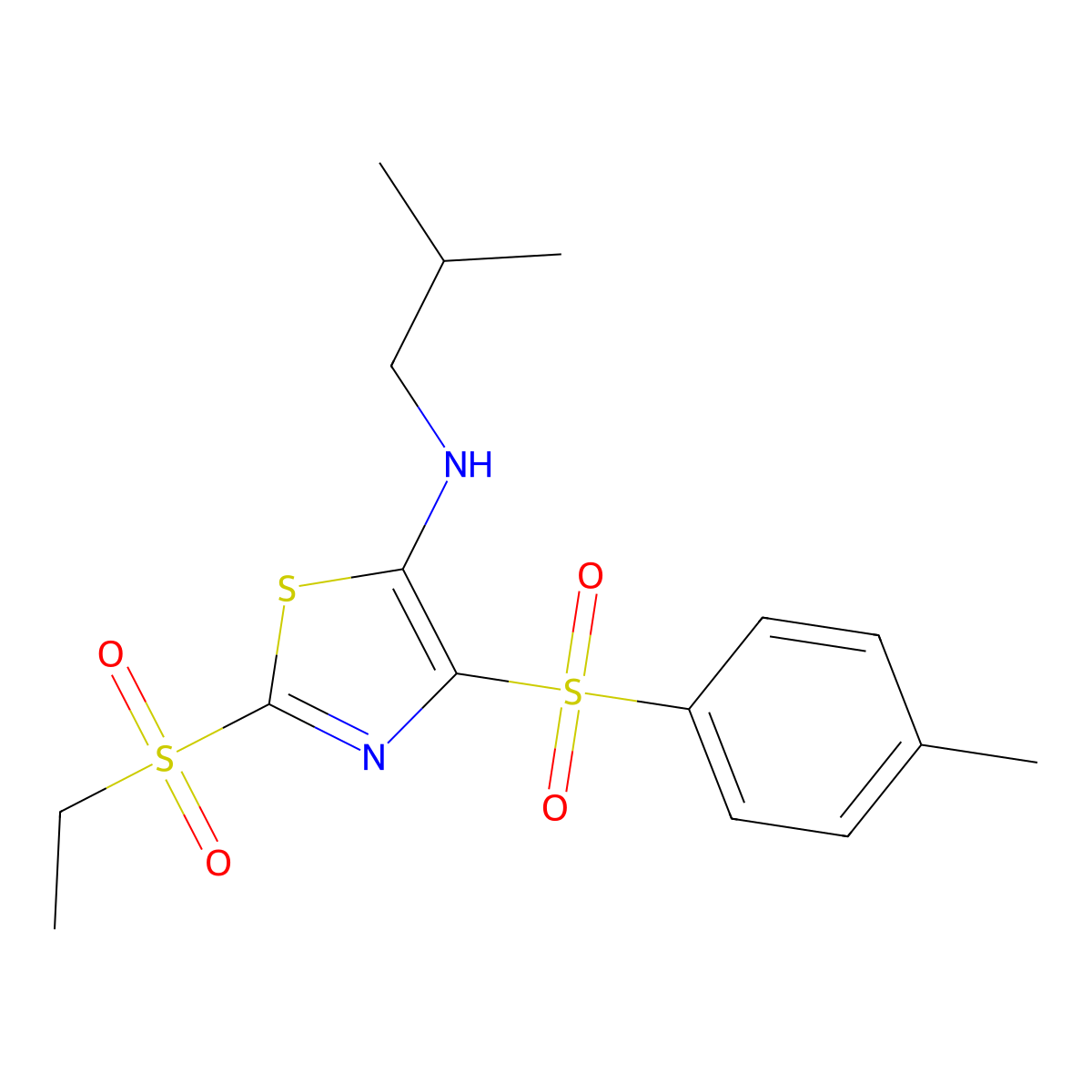 2-(ethanesulfonyl)-4-(4-methylbenzenesulfonyl)-N-(2-methylpropyl)-1,3-thiazol-5-amine molecular structure, CAS 863449-49-4