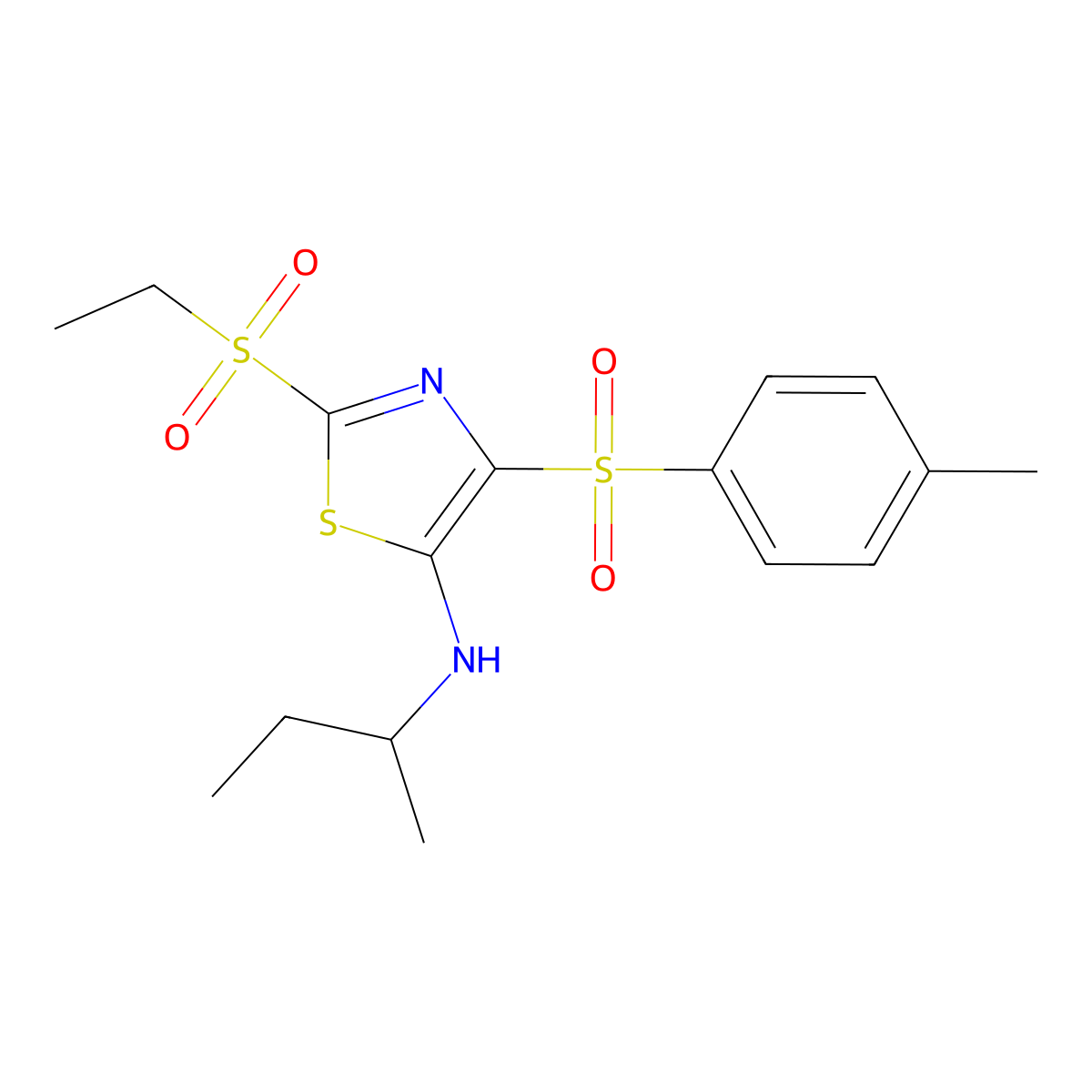 N-(butan-2-yl)-2-(ethylsulfonyl)-4-[(4-methylphenyl)sulfonyl]-1,3-thiazol-5-amine molecular structure, CAS 863449-51-8
