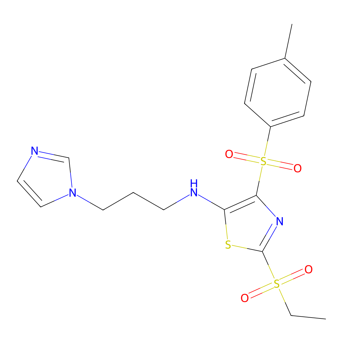 2-(ethylsulfonyl)-N-[3-(1H-imidazol-1-yl)propyl]-4-[(4-methylphenyl)sulfonyl]-1,3-thiazol-5-amine molecular structure, CAS 863449-76-7