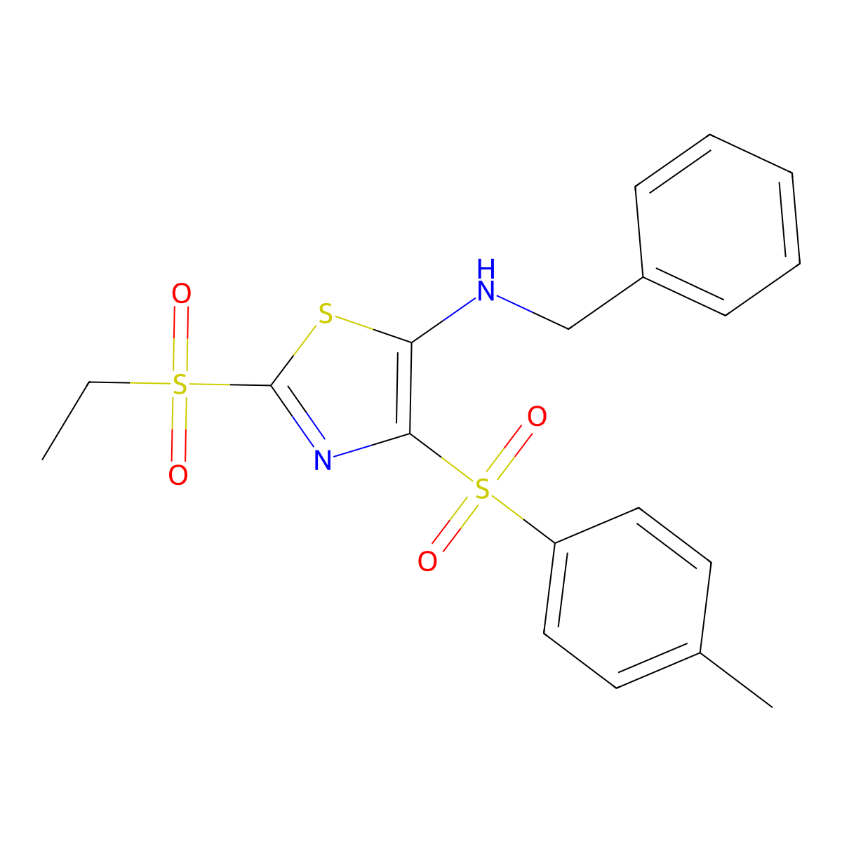N-benzyl-2-(ethylsulfonyl)-4-[(4-methylphenyl)sulfonyl]-1,3-thiazol-5-amine molecular structure, CAS 863449-77-8
