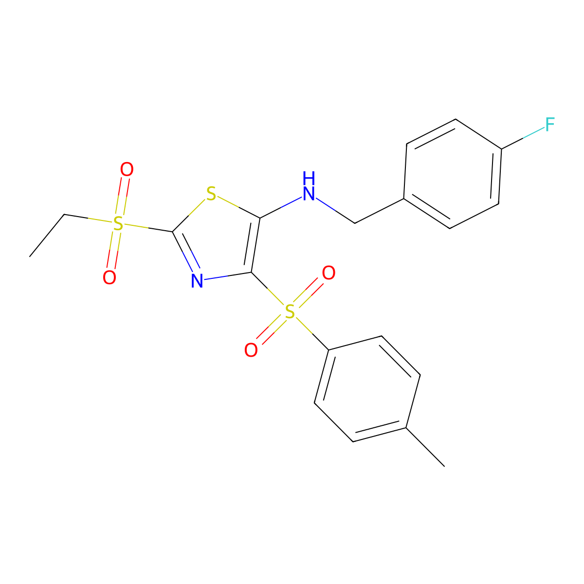 2-(ethylsulfonyl)-N-(4-fluorobenzyl)-4-[(4-methylphenyl)sulfonyl]-1,3-thiazol-5-amine molecular structure, CAS 863449-79-0