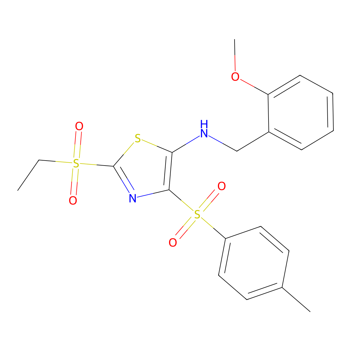 2-(ethylsulfonyl)-N-(2-methoxybenzyl)-4-[(4-methylphenyl)sulfonyl]-1,3-thiazol-5-amine molecular structure, CAS 863449-80-3
