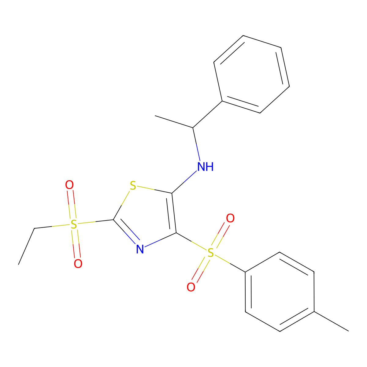 2-(ethylsulfonyl)-4-[(4-methylphenyl)sulfonyl]-N-(1-phenylethyl)-1,3-thiazol-5-amine molecular structure, CAS 863449-83-6