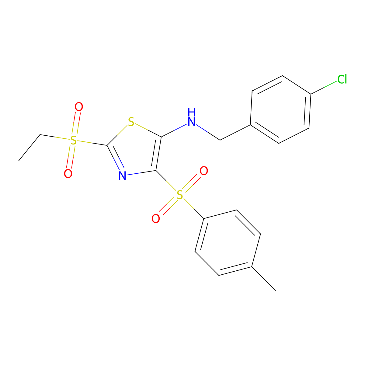 N-(4-chlorobenzyl)-2-(ethylsulfonyl)-4-[(4-methylphenyl)sulfonyl]-1,3-thiazol-5-amine molecular structure, CAS 863449-84-7
