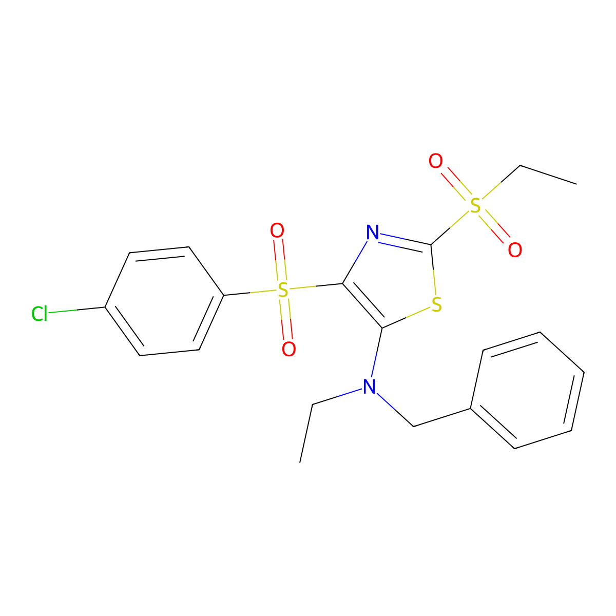 N-benzyl-4-((4-chlorophenyl)sulfonyl)-N-ethyl-2-(ethylsulfonyl)thiazol-5-amine molecular structure, CAS 863449-97-2
