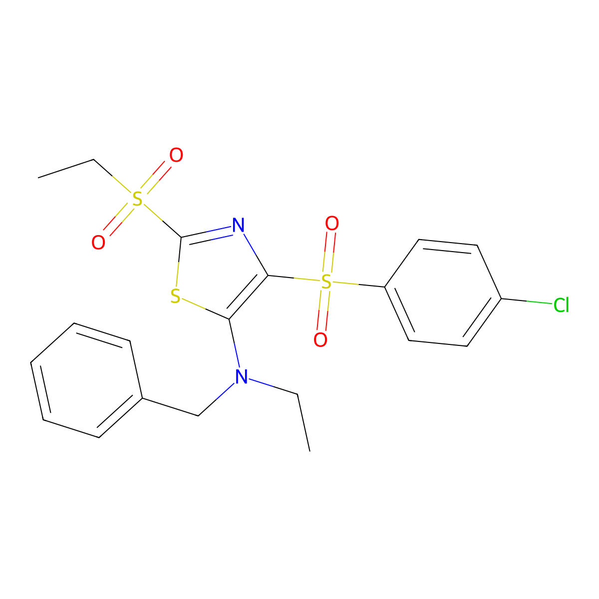 N-benzyl-4-((4-chlorophenyl)sulfonyl)-N-ethyl-2-(ethylsulfonyl)thiazol-5-amine molecular structure, CAS 863449-97-2