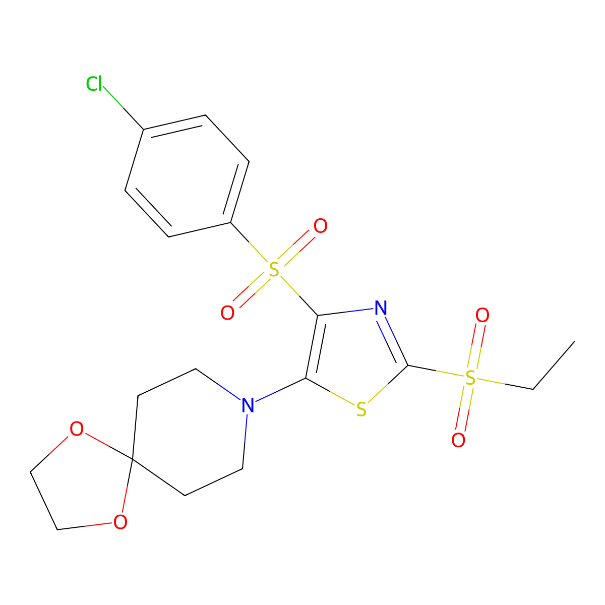 8-(4-((4-Chlorophenyl)sulfonyl)-2-(ethylsulfonyl)thiazol-5-yl)-1,4-dioxa-8-azaspiro[4.5]decane molecular structure, CAS 863450-05-9