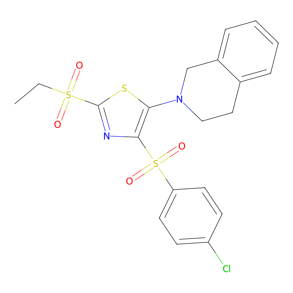 4-(4-chlorophenyl)sulfonyl-5-(3,4-dihydro-1H-isoquinolin-2-yl)-2-ethylsulfonylthiazole molecular structure, CAS 863450-11-7