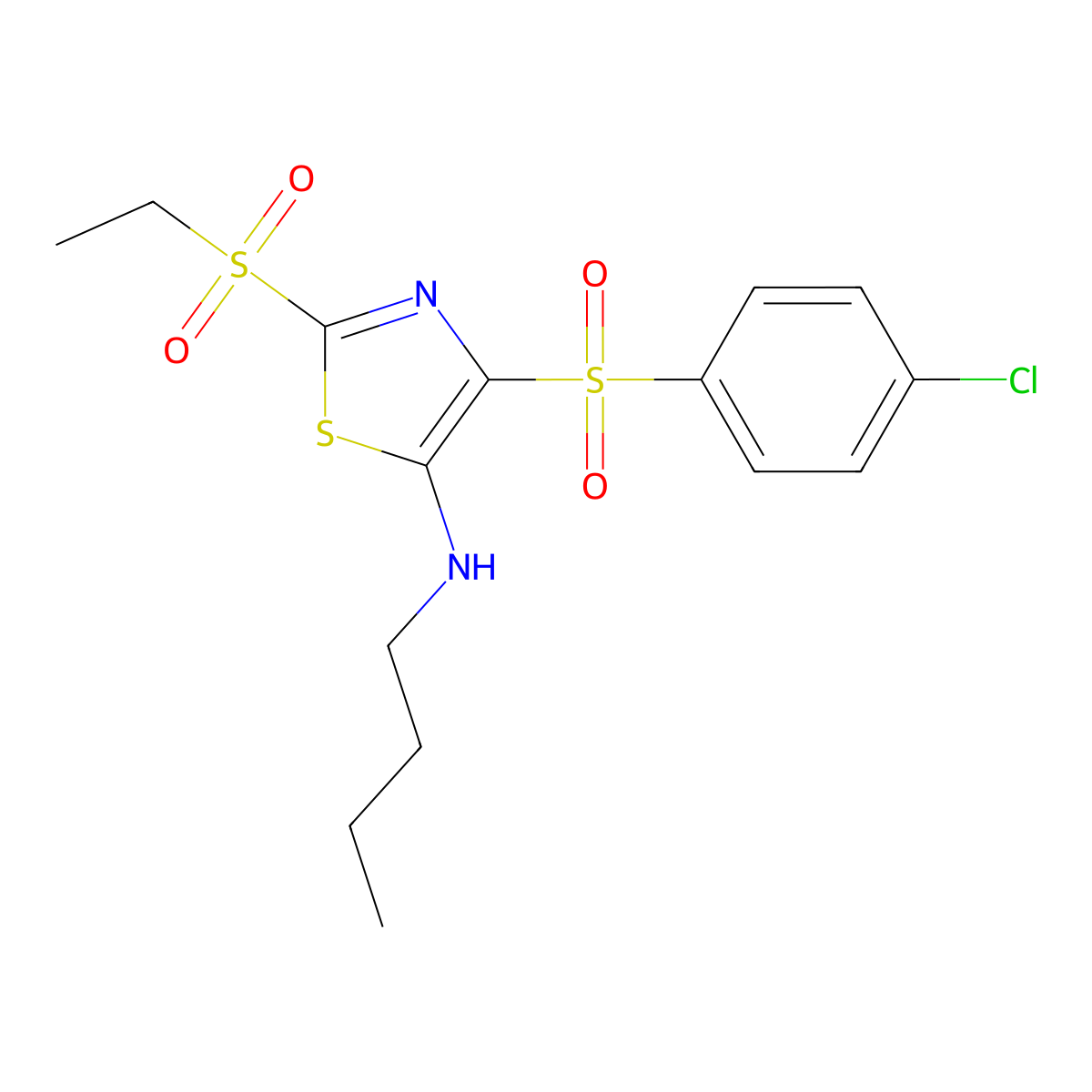N-butyl-4-(4-chlorobenzenesulfonyl)-2-(ethanesulfonyl)-1,3-thiazol-5-amine molecular structure, CAS 863450-15-1