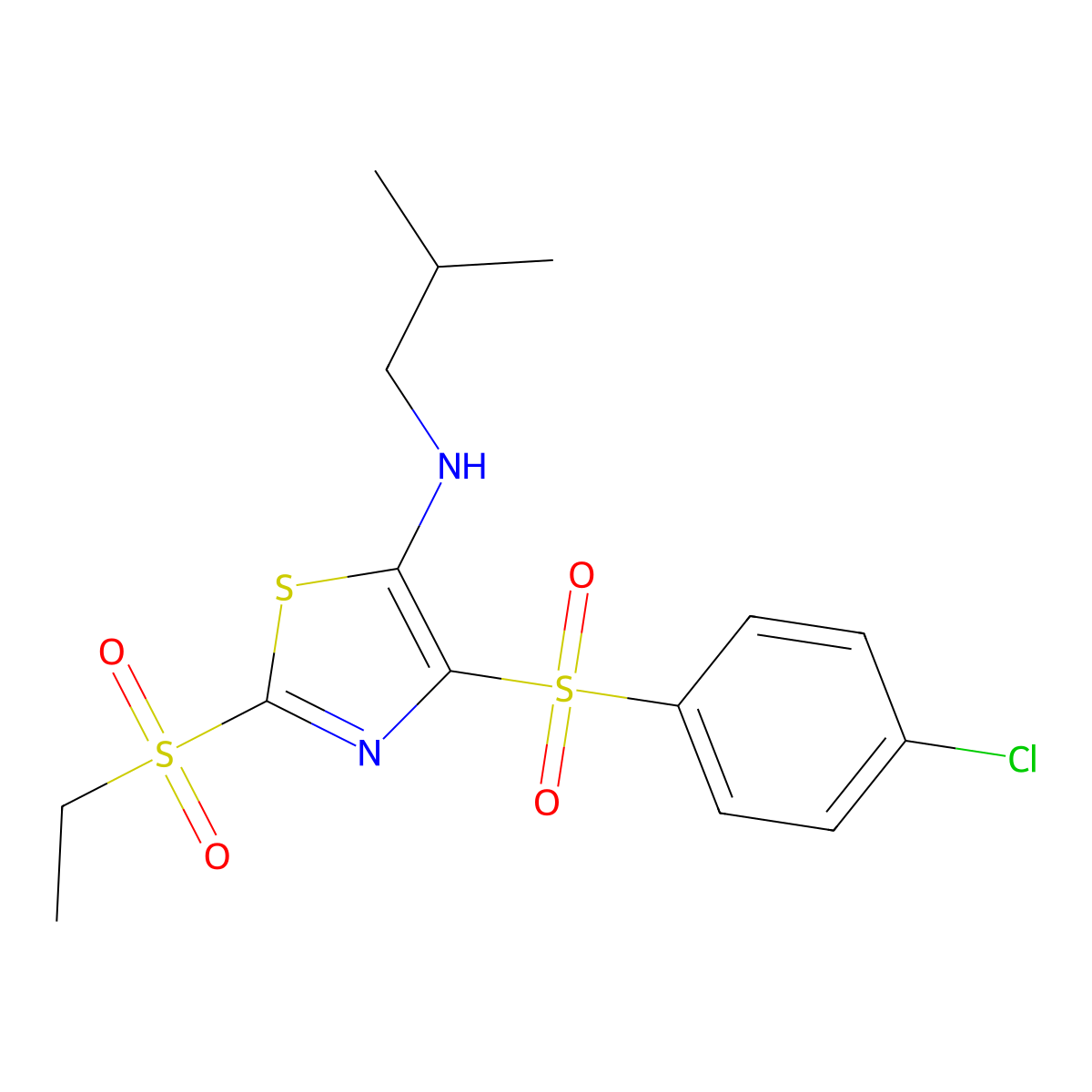 4-[(4-chlorophenyl)sulfonyl]-2-(ethylsulfonyl)-N-(2-methylpropyl)-1,3-thiazol-5-amine molecular structure, CAS 863450-17-3