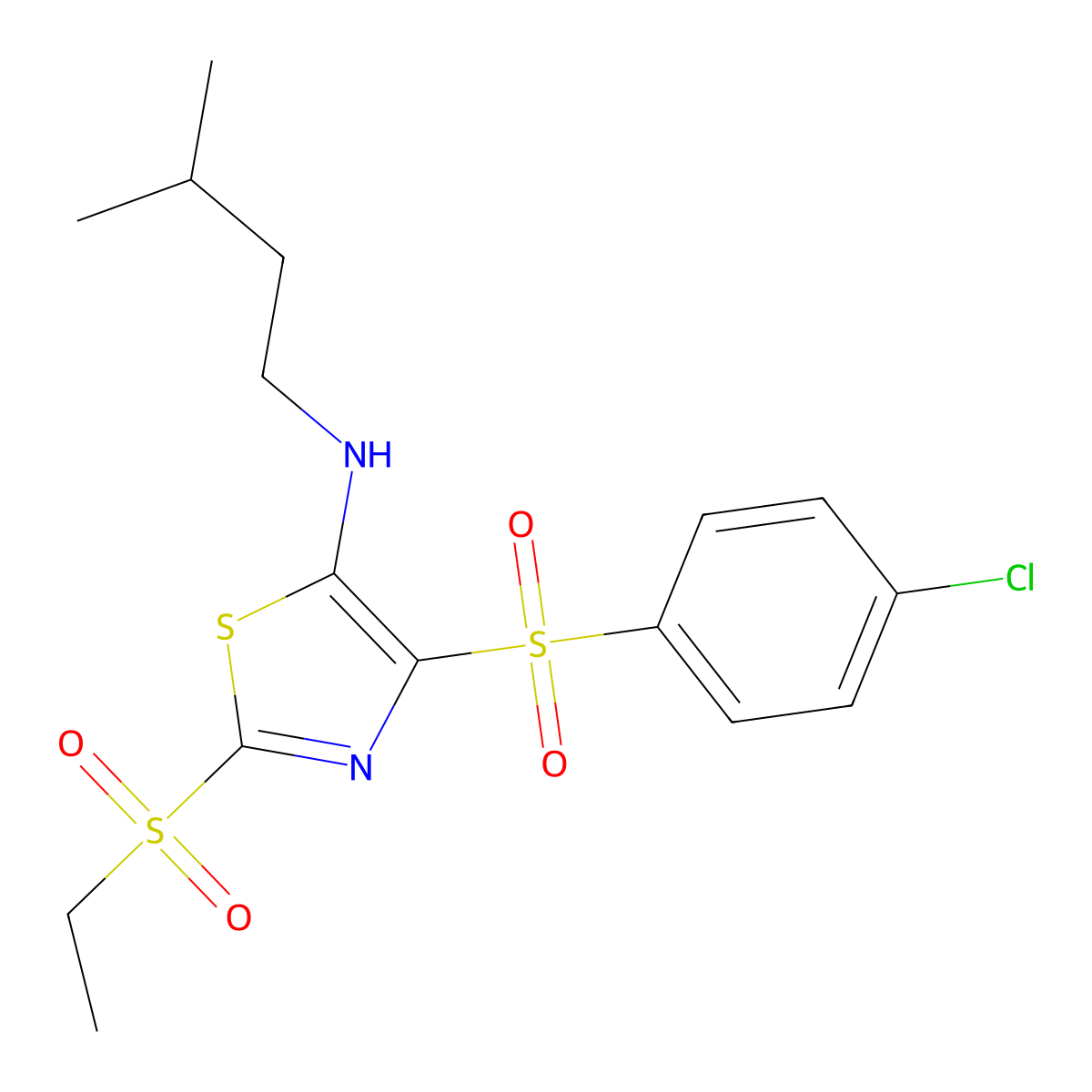 4-((4-chlorophenyl)sulfonyl)-2-(ethylsulfonyl)-N-isopentylthiazol-5-amine molecular structure, CAS 863450-20-8