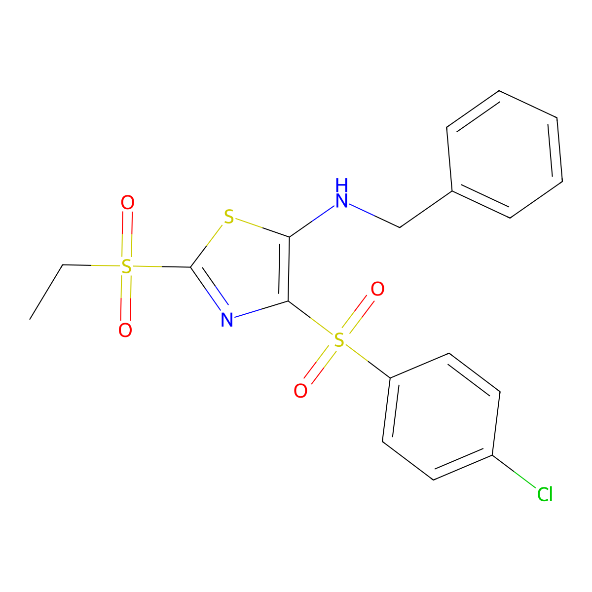 N-benzyl-4-[(4-chlorophenyl)sulfonyl]-2-(ethylsulfonyl)-1,3-thiazol-5-amine molecular structure, CAS 863450-36-6
