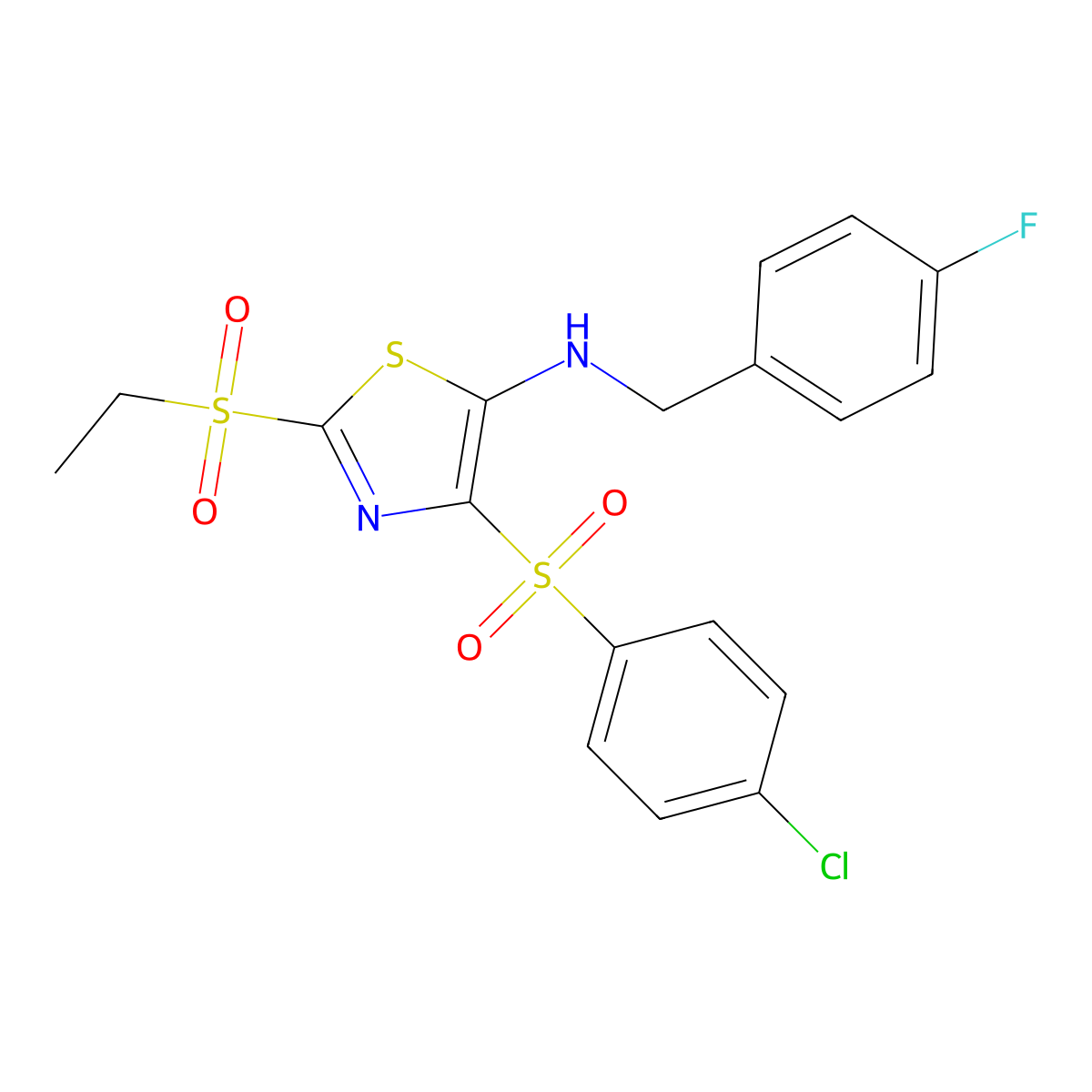 4-[(4-chlorophenyl)sulfonyl]-2-(ethylsulfonyl)-N-(4-fluorobenzyl)-1,3-thiazol-5-amine molecular structure, CAS 863450-38-8