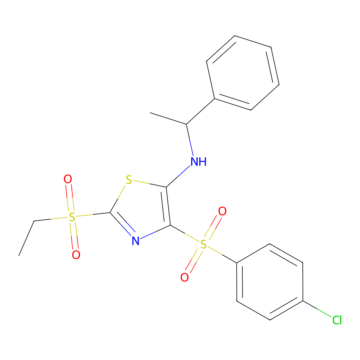 4-(4-chlorobenzenesulfonyl)-2-(ethanesulfonyl)-N-(1-phenylethyl)-1,3-thiazol-5-amine molecular structure, CAS 863450-42-4