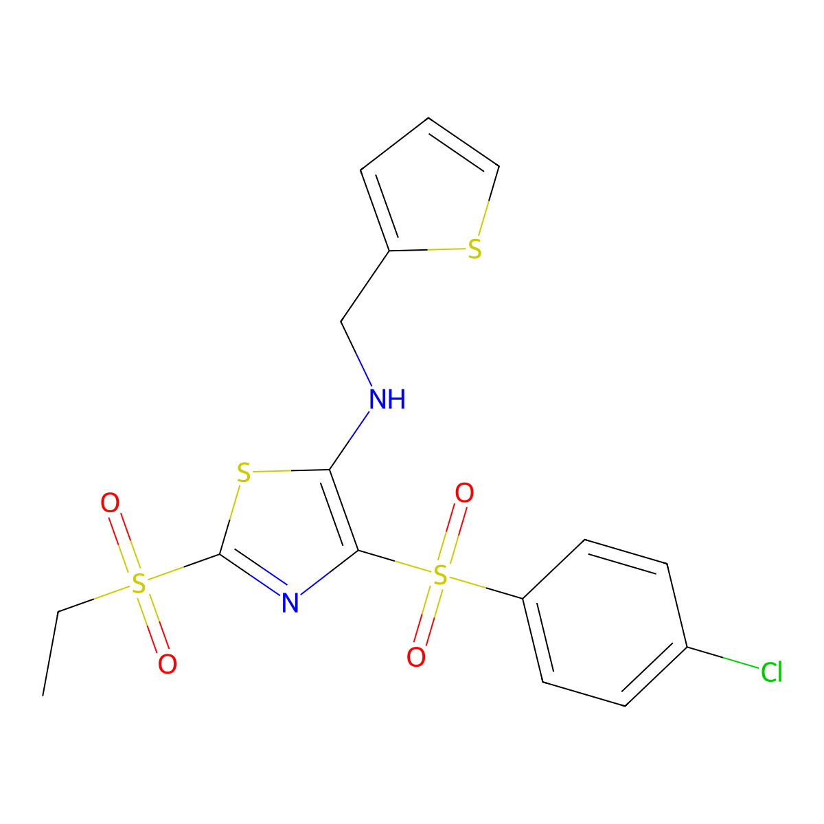 4-(4-chlorobenzenesulfonyl)-2-(ethanesulfonyl)-N-[(thiophen-2-yl)methyl]-1,3-thiazol-5-amine molecular structure, CAS 863450-57-1