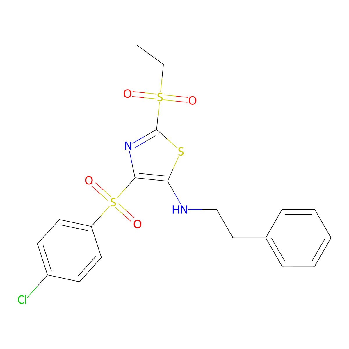 4-[(4-chlorophenyl)sulfonyl]-2-(ethylsulfonyl)-N-(2-phenylethyl)-1,3-thiazol-5-amine molecular structure, CAS 863450-59-3