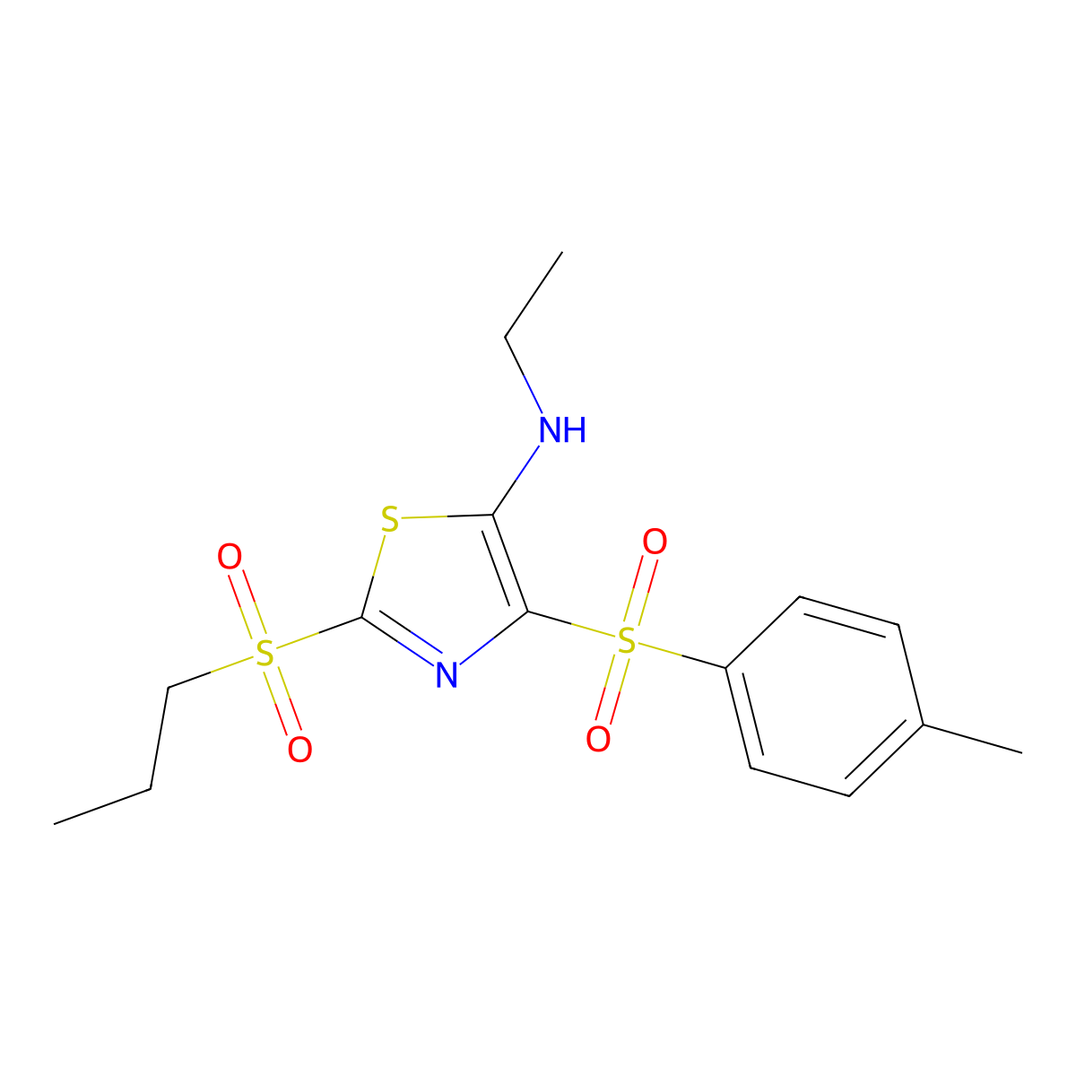 N-ethyl-4-[(4-methylphenyl)sulfonyl]-2-(propylsulfonyl)-1,3-thiazol-5-amine molecular structure, CAS 863450-91-3