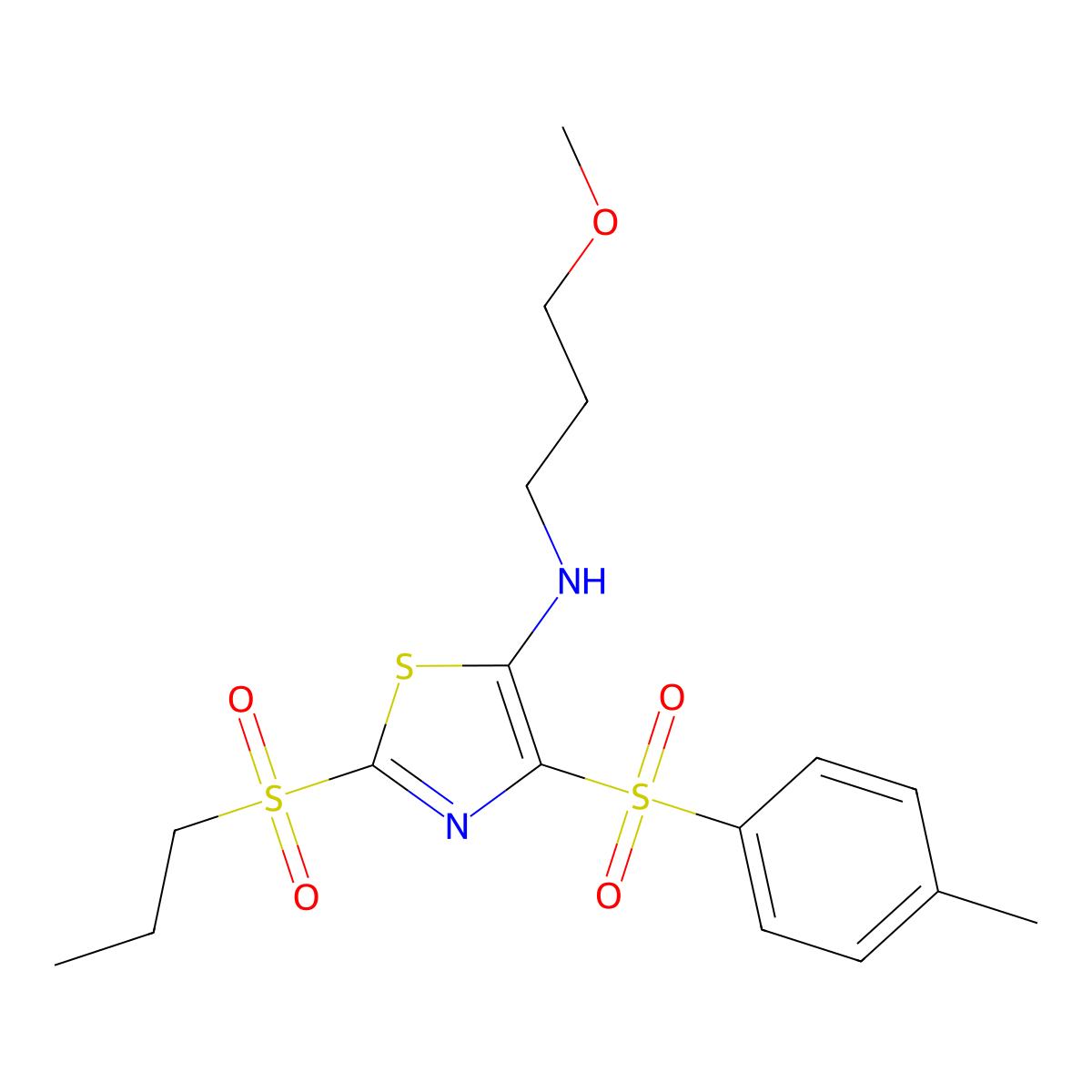 N-(3-methoxypropyl)-4-[(4-methylphenyl)sulfonyl]-2-(propylsulfonyl)-1,3-thiazol-5-amine molecular structure, CAS 863450-99-1