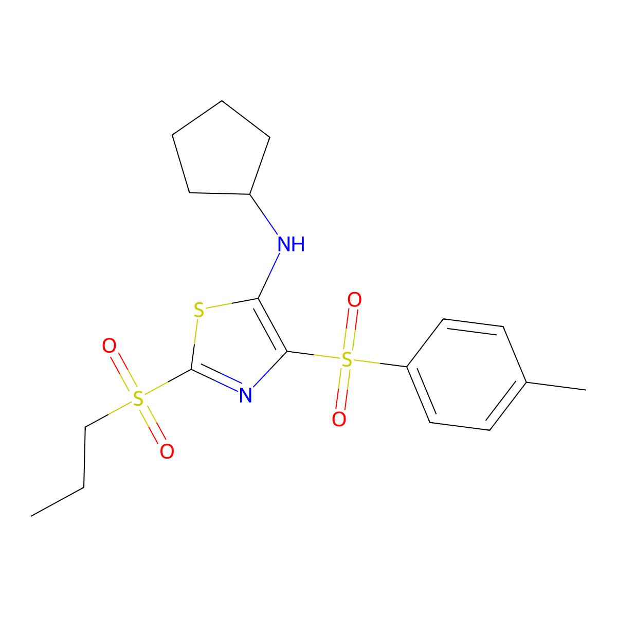 N-cyclopentyl-4-[(4-methylphenyl)sulfonyl]-2-(propylsulfonyl)-1,3-thiazol-5-amine molecular structure, CAS 863451-06-3