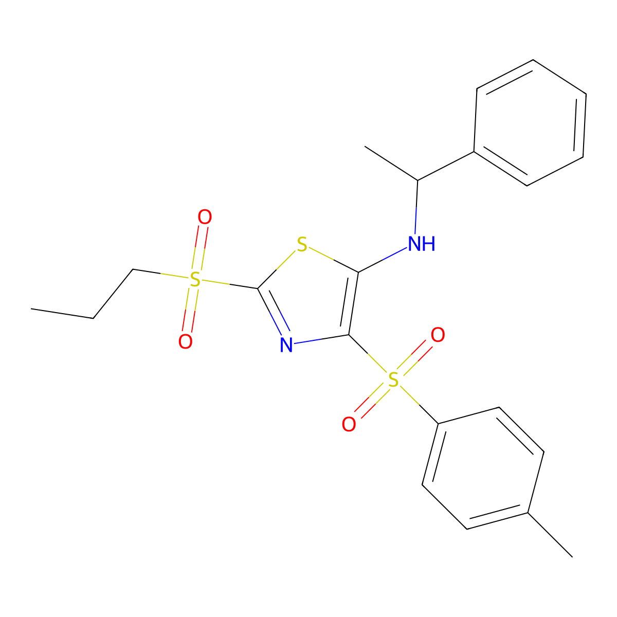 4-[(4-methylphenyl)sulfonyl]-N-(1-phenylethyl)-2-(propylsulfonyl)-1,3-thiazol-5-amine molecular structure, CAS 863451-19-8