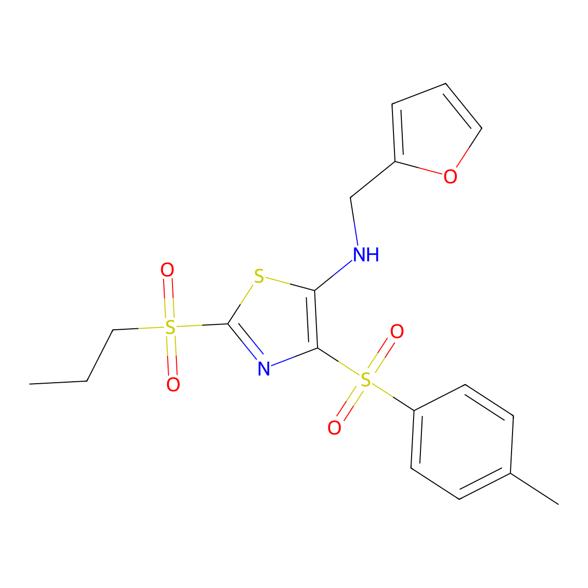N-(furan-2-ylmethyl)-4-[(4-methylphenyl)sulfonyl]-2-(propylsulfonyl)-1,3-thiazol-5-amine molecular structure, CAS 863451-22-3