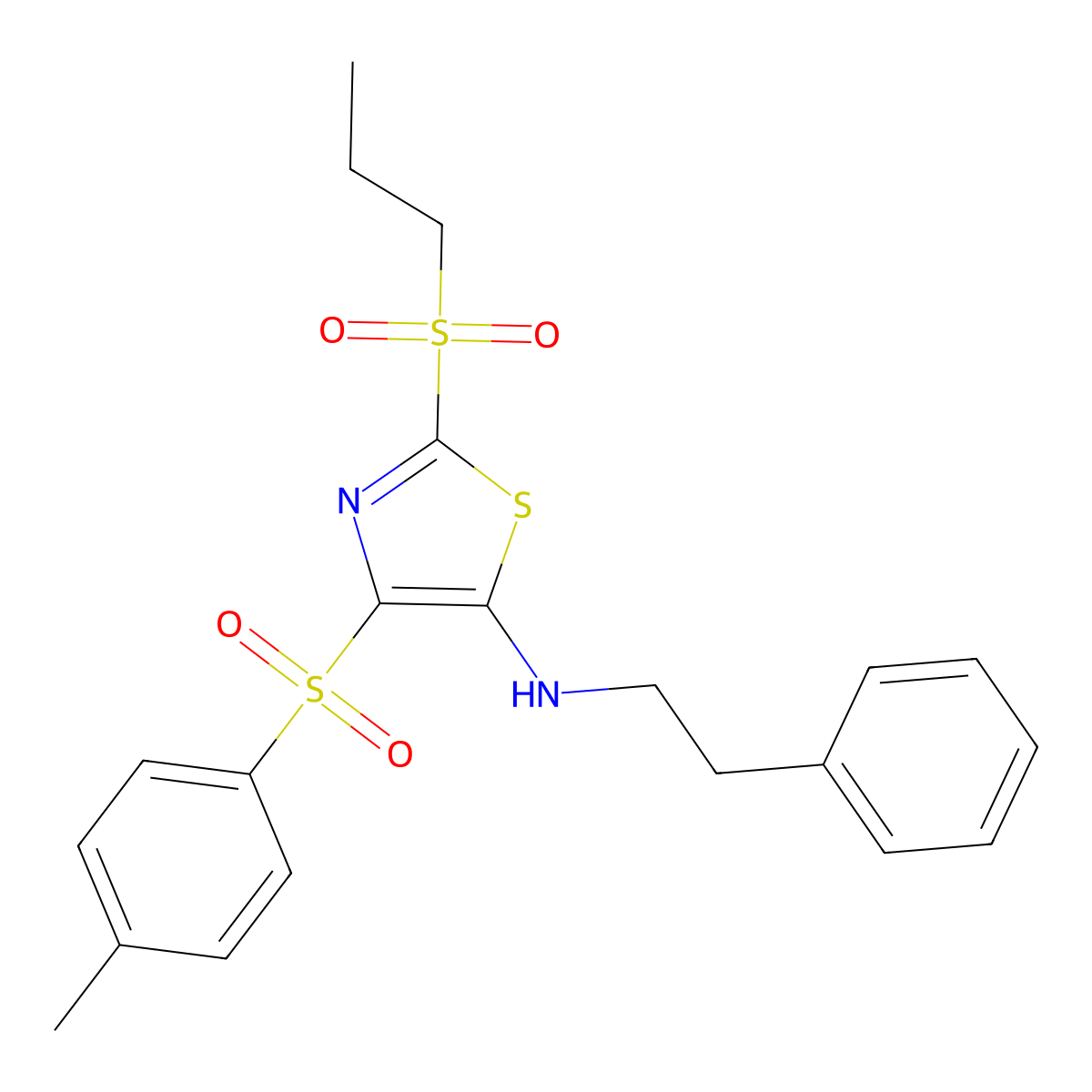 4-[(4-methylphenyl)sulfonyl]-N-(2-phenylethyl)-2-(propylsulfonyl)-1,3-thiazol-5-amine molecular structure, CAS 863451-24-5