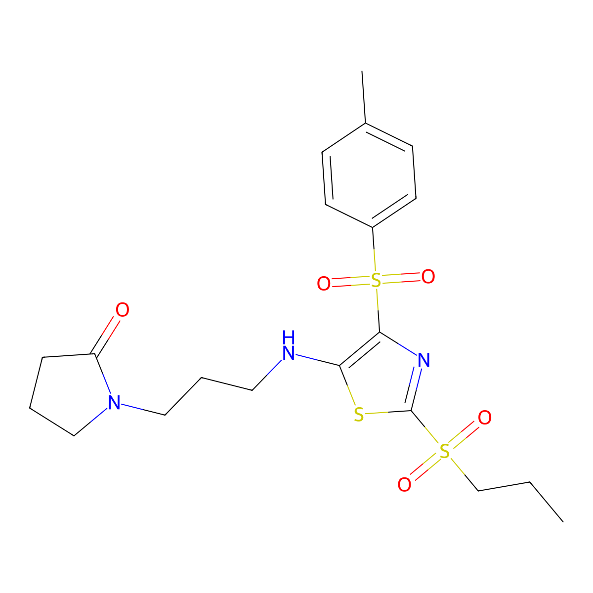 1-(3-{[4-[(4-Methylphenyl)sulfonyl]-2-(propylsulfonyl)-1,3-thiazol-5-yl]amino}propyl)pyrrolidin-2-one molecular structure, CAS 863451-28-9