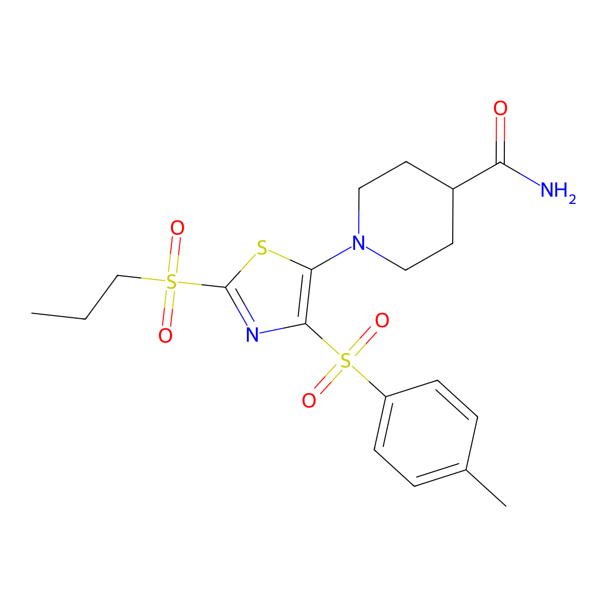 1-[4-[(4-Methylphenyl)sulfonyl]-2-(propylsulfonyl)-1,3-thiazol-5-yl]piperidine-4-carboxamide molecular structure, CAS 863451-31-4