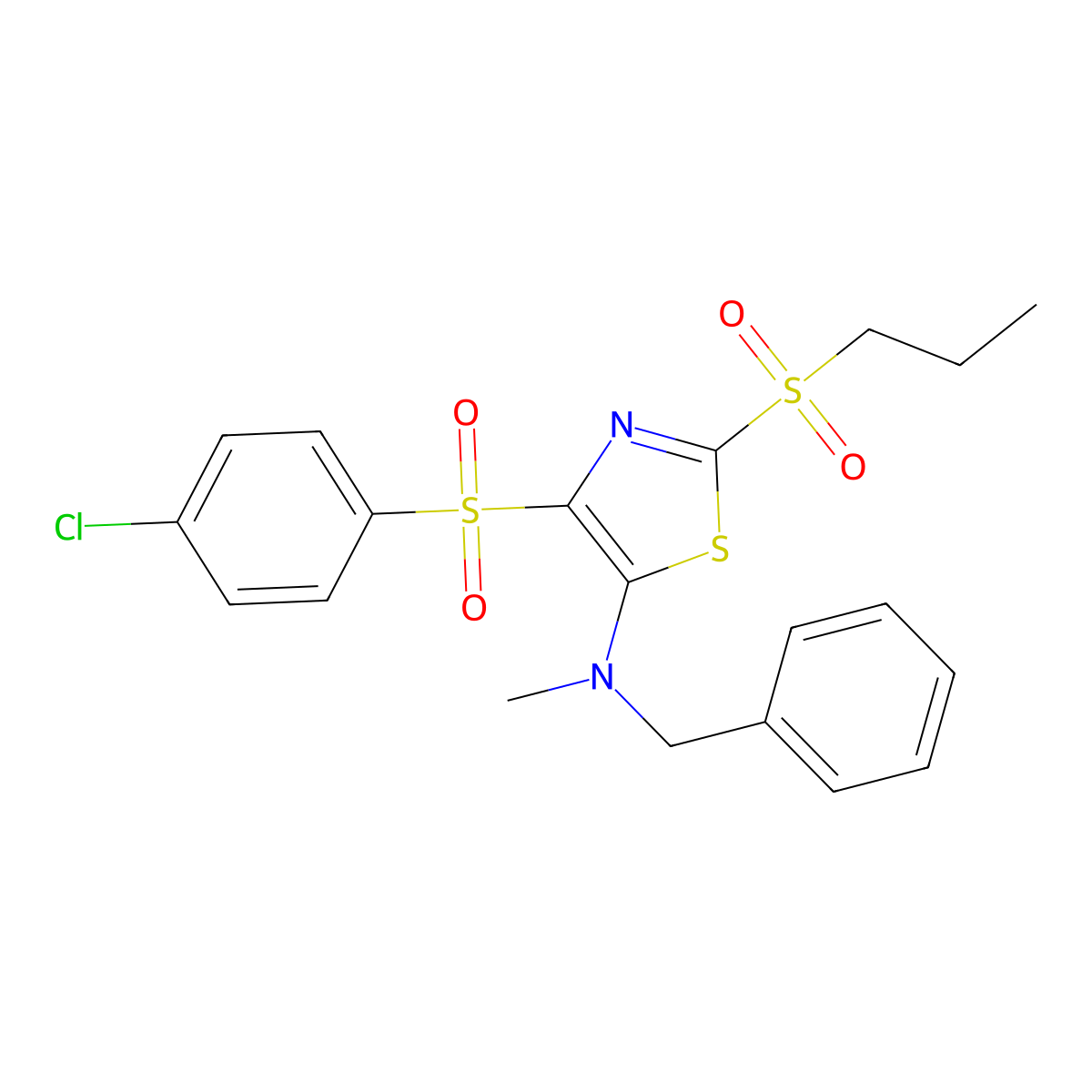 N-benzyl-4-((4-chlorophenyl)sulfonyl)-N-methyl-2-(propylsulfonyl)thiazol-5-amine molecular structure, CAS 863451-32-5