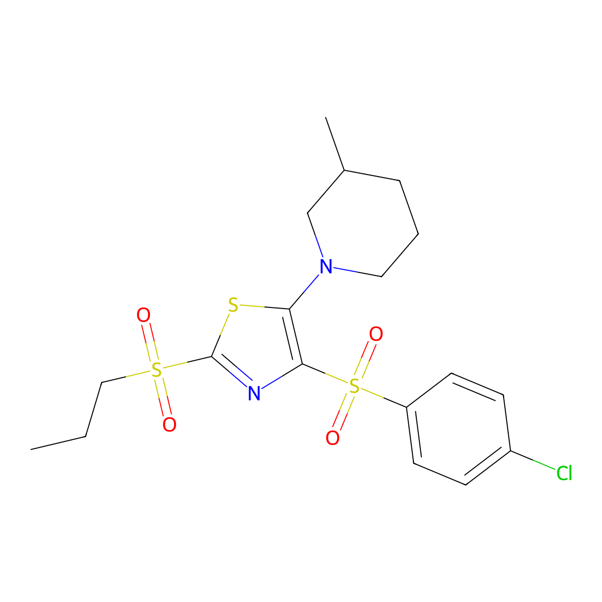 4-((4-Chlorophenyl)sulfonyl)-5-(3-methylpiperidin-1-yl)-2-(propylsulfonyl)thiazole molecular structure, CAS 863451-36-9