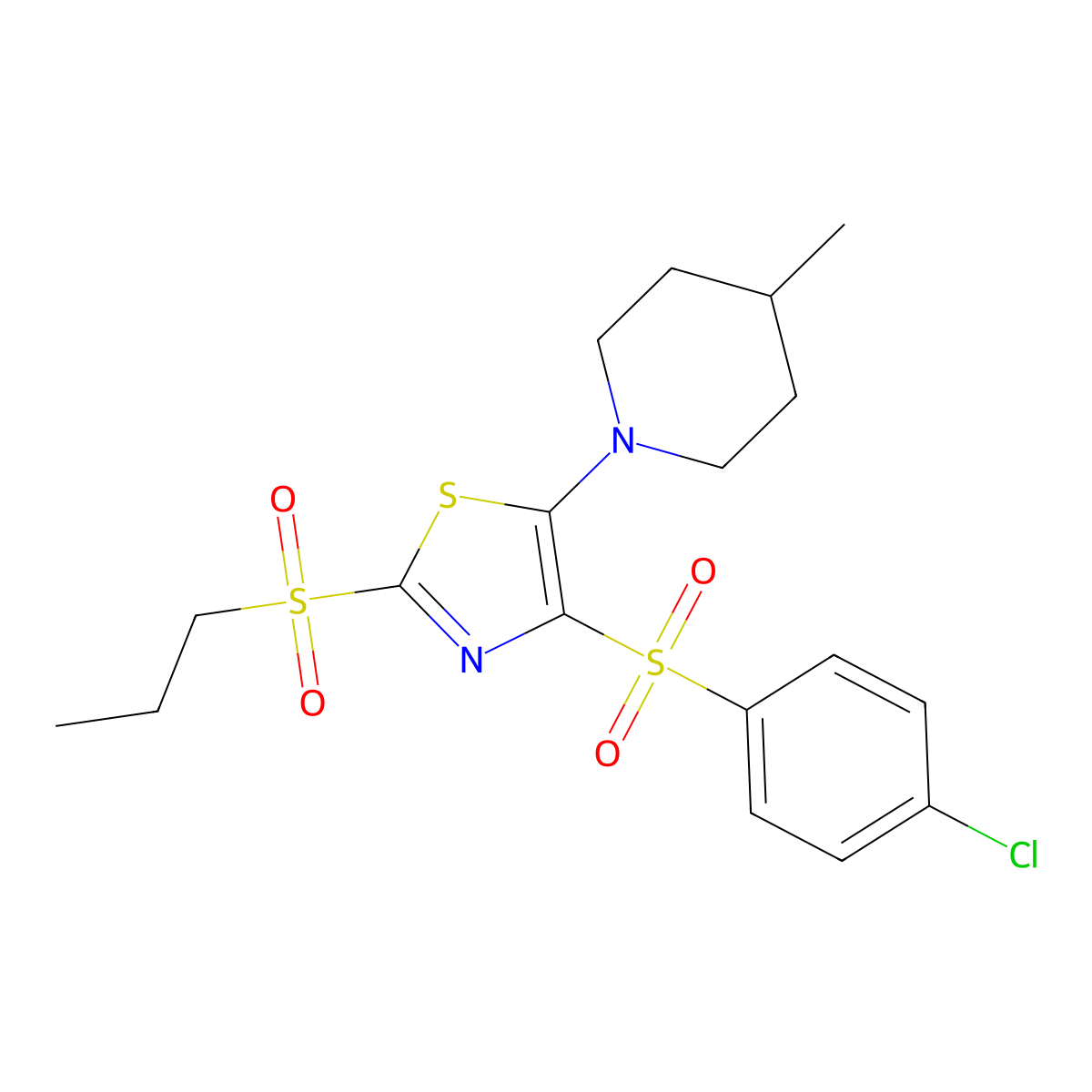 4-((4-Chlorophenyl)sulfonyl)-5-(4-methylpiperidin-1-yl)-2-(propylsulfonyl)thiazole molecular structure, CAS 863451-37-0