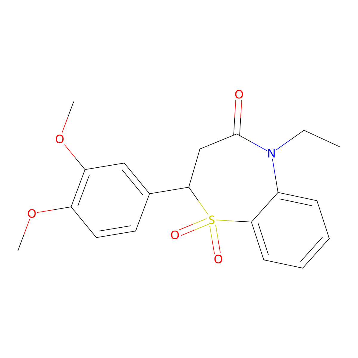2-(3,4-dimethoxyphenyl)-5-ethyl-2,3-dihydrobenzo[b][1,4]thiazepin-4(5H)-one 1,1-dioxide molecular structure, CAS 863452-40-8