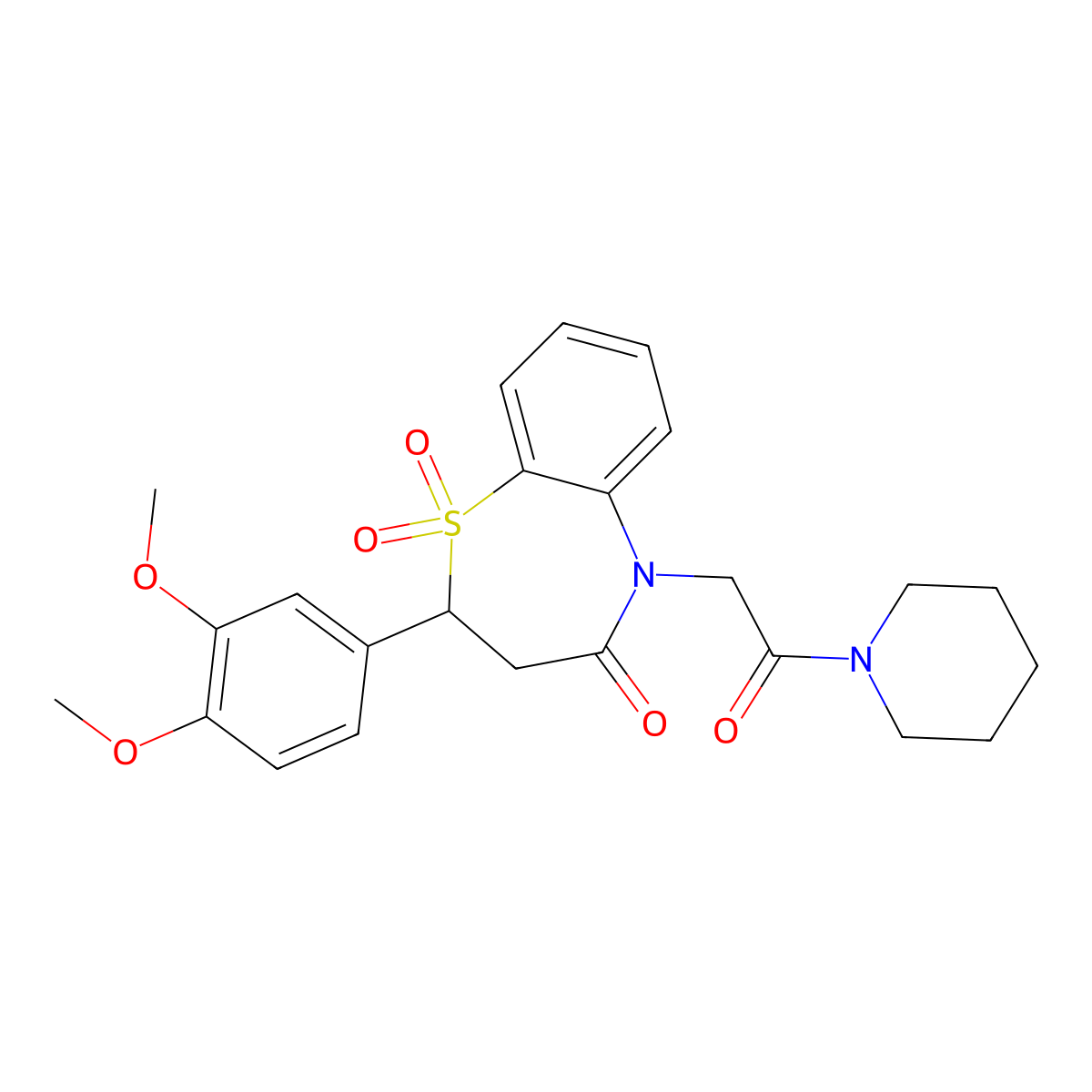 2-(3,4-dimethoxyphenyl)-5-(2-oxo-2-(piperidin-1-yl)ethyl)-2,3-dihydrobenzo[b][1,4]thiazepin-4(5H)-one 1,1-dioxide molecular structure, CAS 863452-43-1