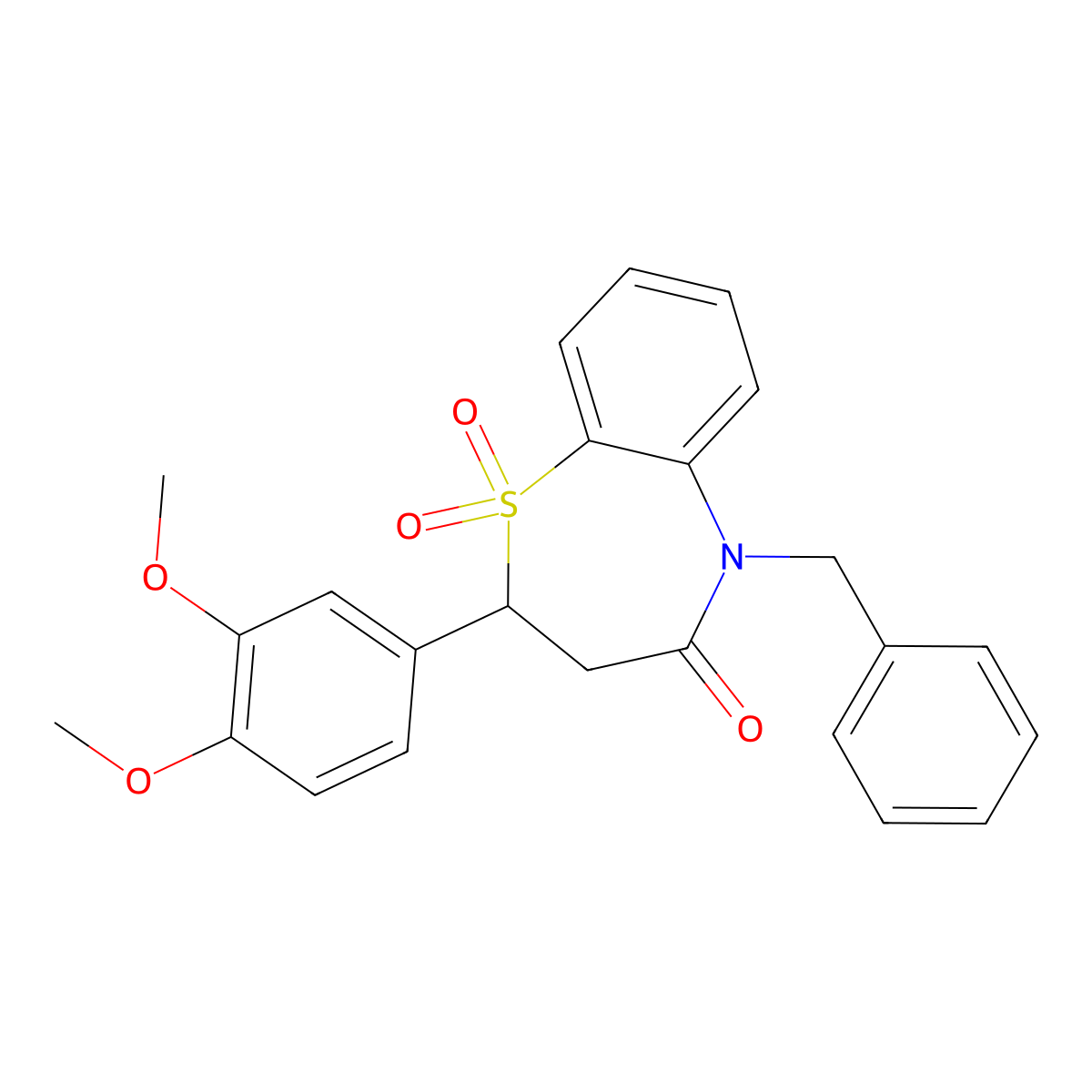 5-benzyl-2-(3,4-dimethoxyphenyl)-2,3-dihydrobenzo[b][1,4]thiazepin-4(5H)-one 1,1-dioxide molecular structure, CAS 863452-58-8