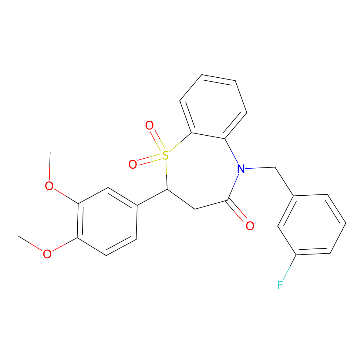 2-(3,4-dimethoxyphenyl)-5-(3-fluorobenzyl)-2,3-dihydrobenzo[b][1,4]thiazepin-4(5H)-one 1,1-dioxide molecular structure, CAS 863452-59-9