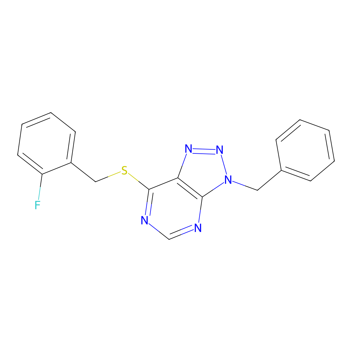 3-benzyl-7-((2-fluorobenzyl)thio)-3H-[1,2,3]triazolo[4,5-d]pyrimidine molecular structure, CAS 863453-04-7