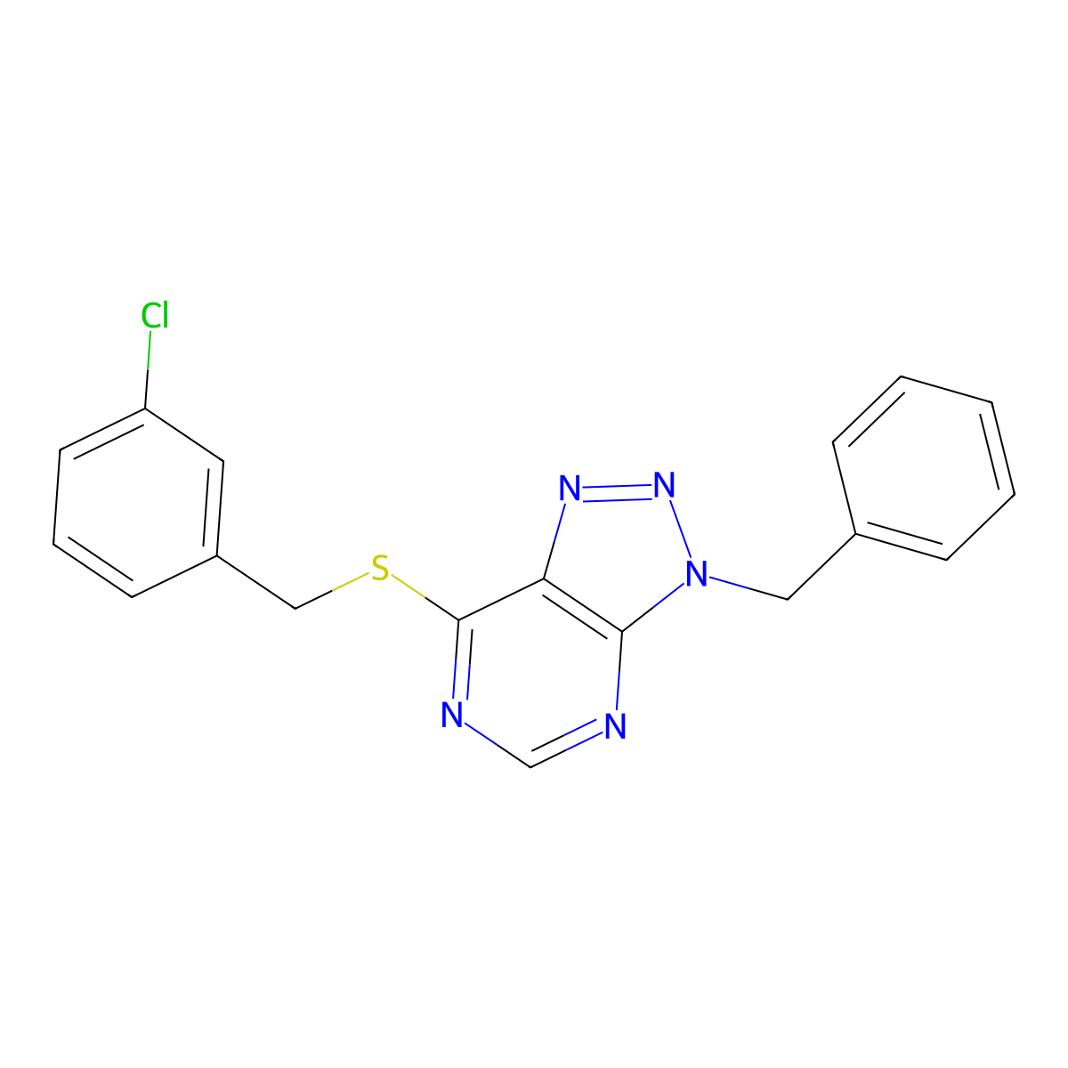 3-benzyl-7-((3-chlorobenzyl)thio)-3H-[1,2,3]triazolo[4,5-d]pyrimidine molecular structure, CAS 863453-05-8