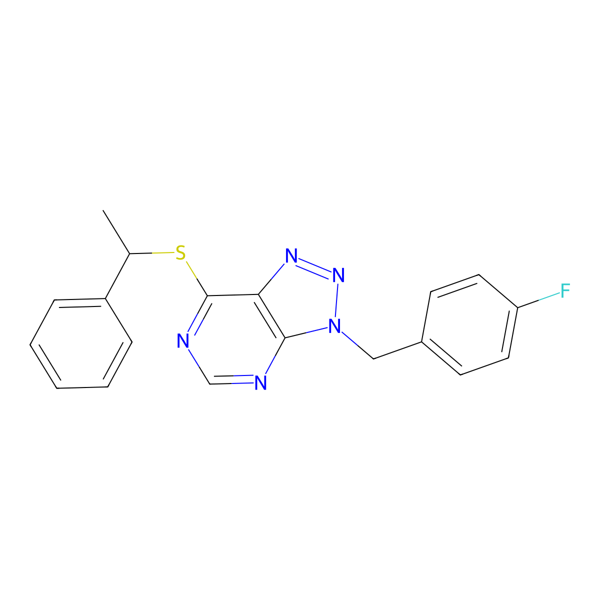 3-(4-fluorobenzyl)-7-((1-phenylethyl)thio)-3H-[1,2,3]triazolo[4,5-d]pyrimidine molecular structure, CAS 863458-12-2