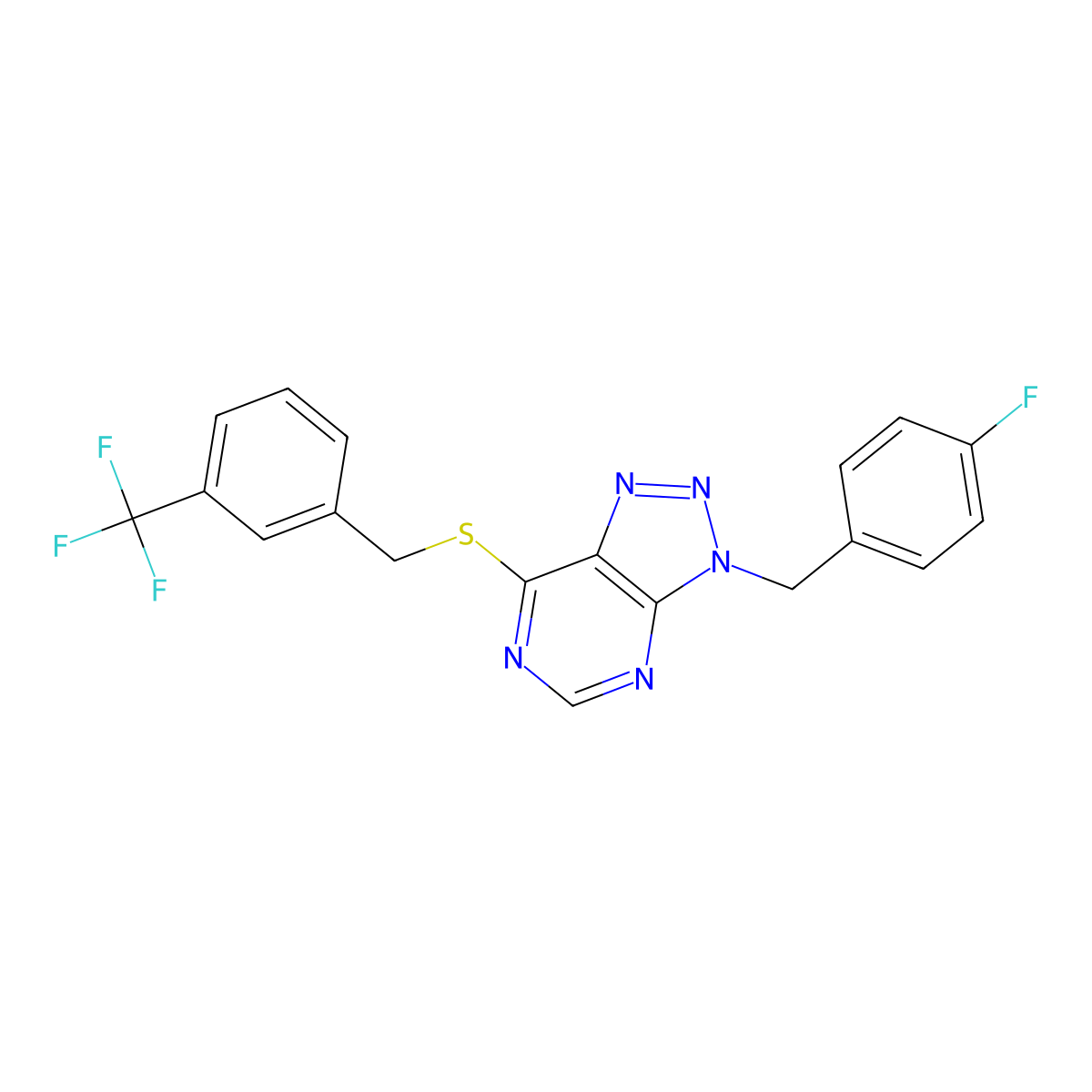 3-(4-fluorobenzyl)-7-((3-(trifluoromethyl)benzyl)thio)-3H-[1,2,3]triazolo[4,5-d]pyrimidine molecular structure, CAS 863458-21-3