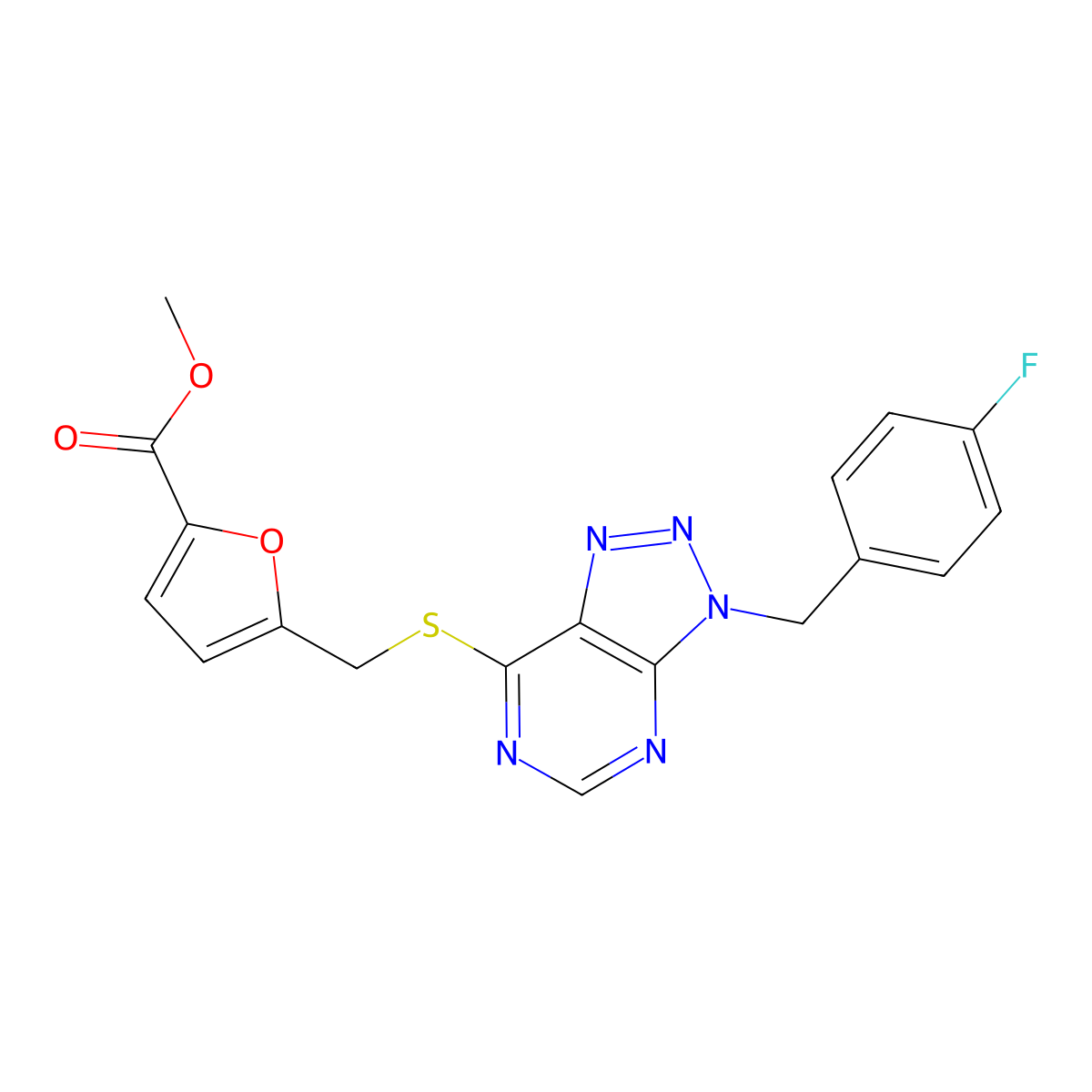 methyl 5-(((3-(4-fluorobenzyl)-3H-[1,2,3]triazolo[4,5-d]pyrimidin-7-yl)thio)methyl)furan-2-carboxylate molecular structure, CAS 863458-23-5