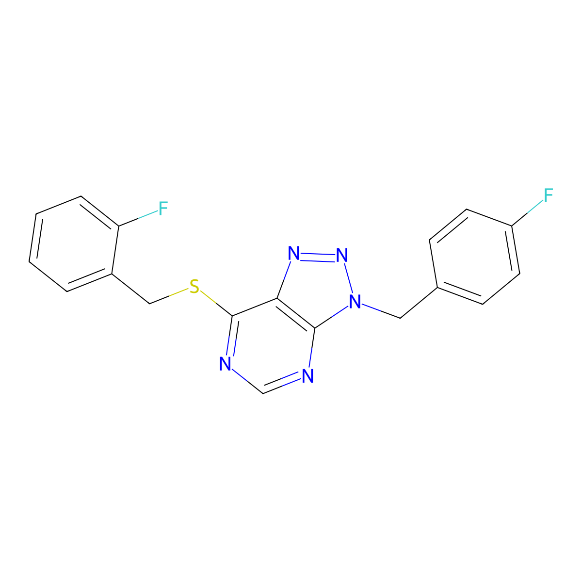 3-[(4-Fluorophenyl)methyl]-7-[(2-fluorophenyl)methylsulfanyl]triazolo[4,5-d]pyrimidine molecular structure, CAS 863458-24-6
